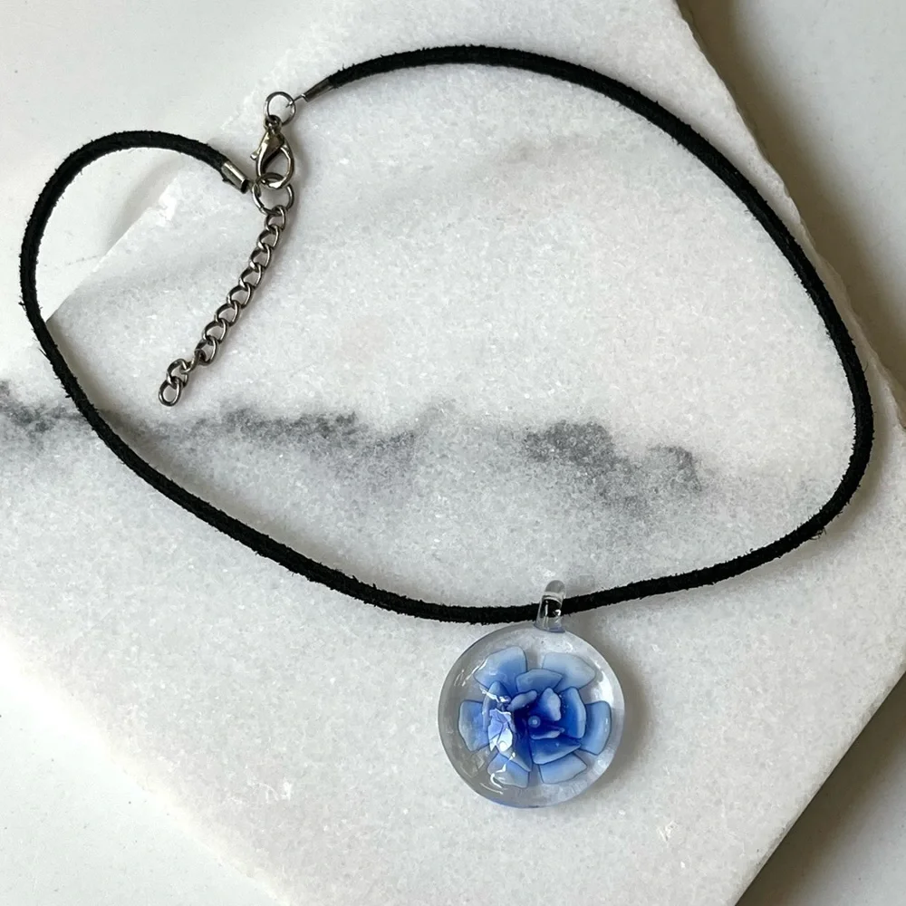 Blue Flower Glass Pendant Necklace